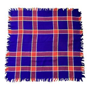 Cobalt Orange Plaid Square Shawl Wrap Scarf abt 28 x 29-inches Vintage 80s